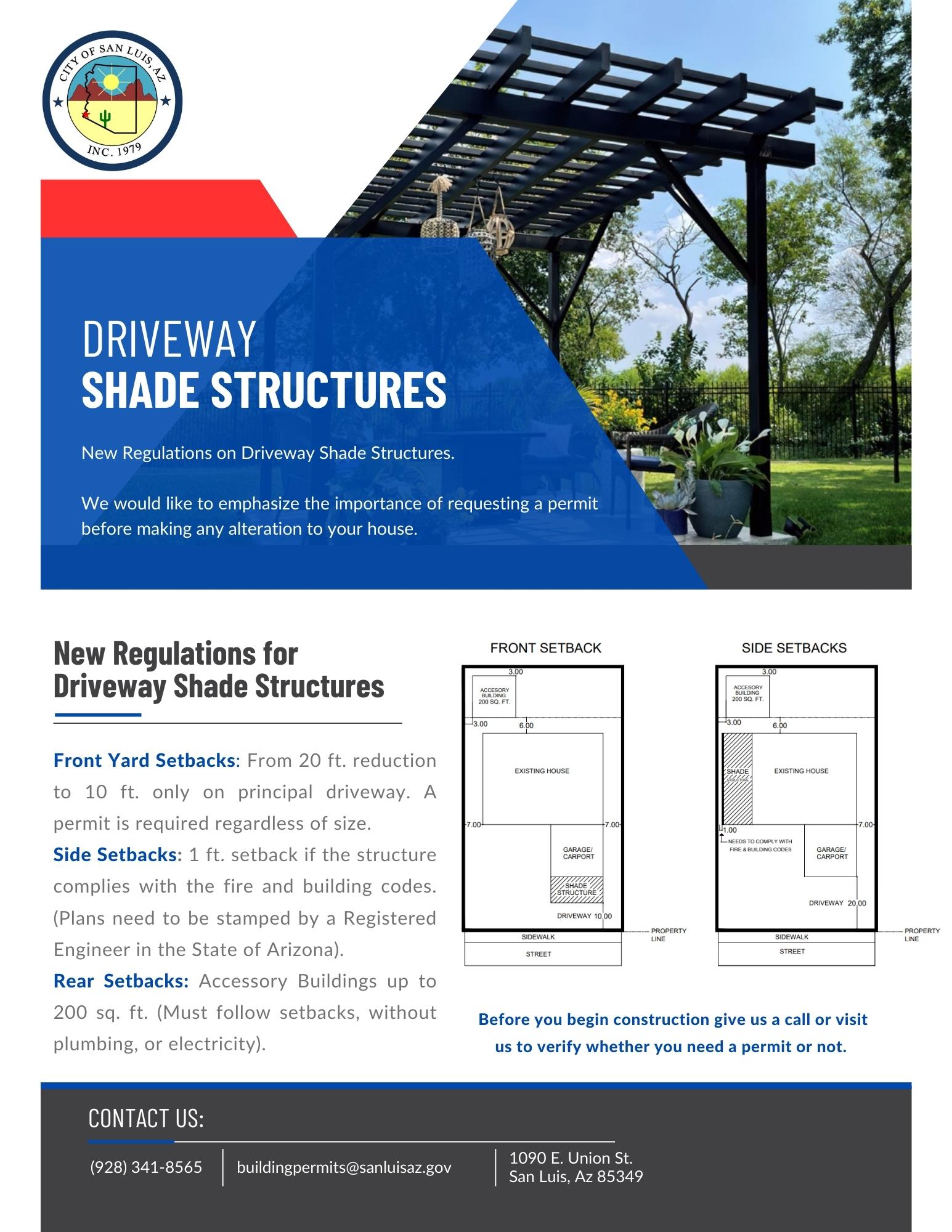 Flyer showcasing various driveway shade structures with images and details on benefits and installation opt