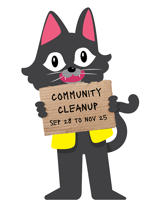 Basurin the cat holding a cardboard sign with Community cleanup dates, September 28 to November 25